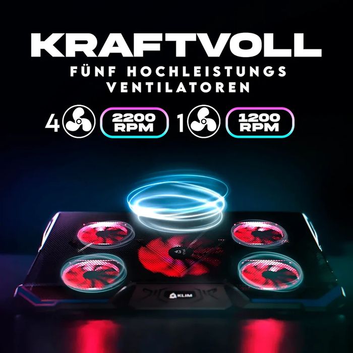 Охладителна подложка за лаптоп KLIM Cyclone с 5 вентилатора и подсветк