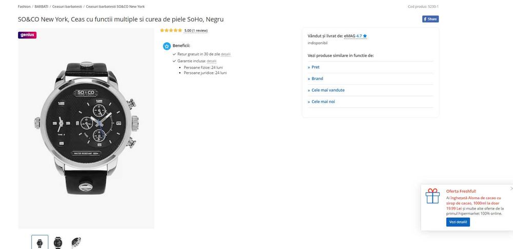 Ceas SO&CO New York, Ceas cu functii multiple si curea de piele negru