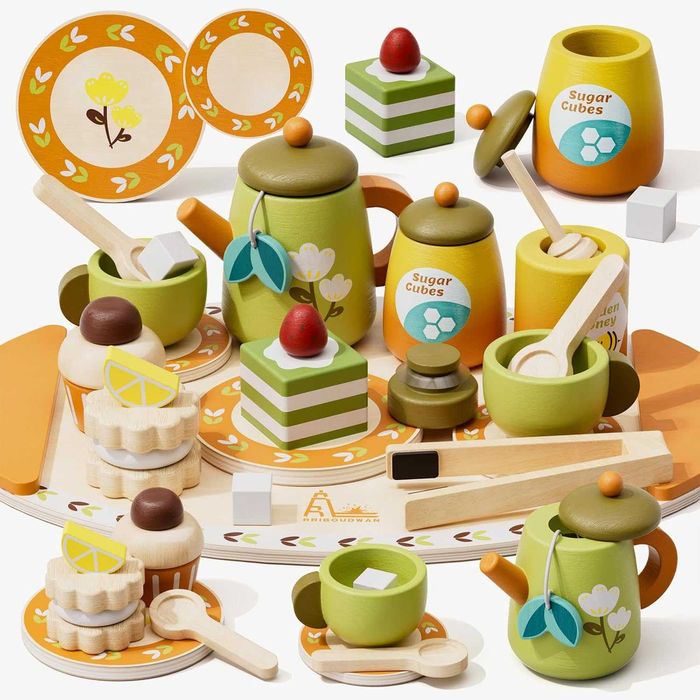Дървен сервиз за чай, комплект за игра на чай за деца 3+ години