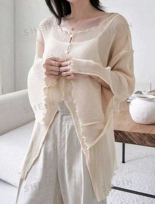 Plus Size Дамска риза слонова кост,лека материя, дълъг ръкав с копчета