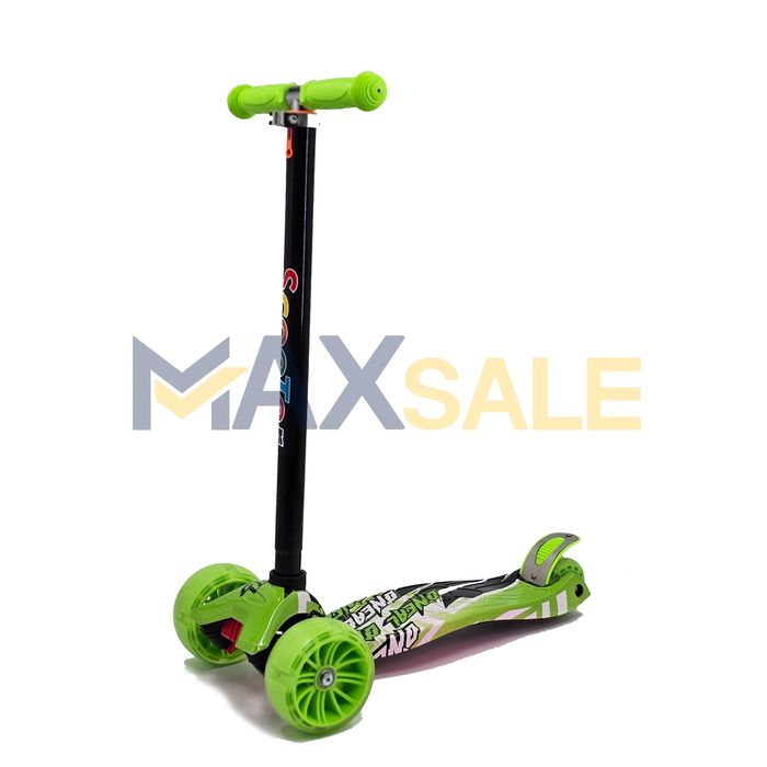 Триколка детска тротинетка с 3 светещи колела зелено многоцветно