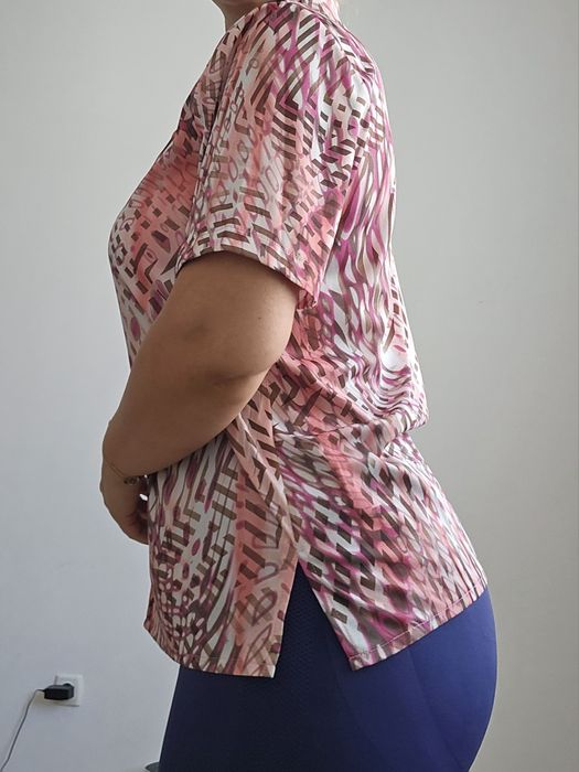 Розова шарена риза блуза с яка и къс ръкав бонус шал подарък