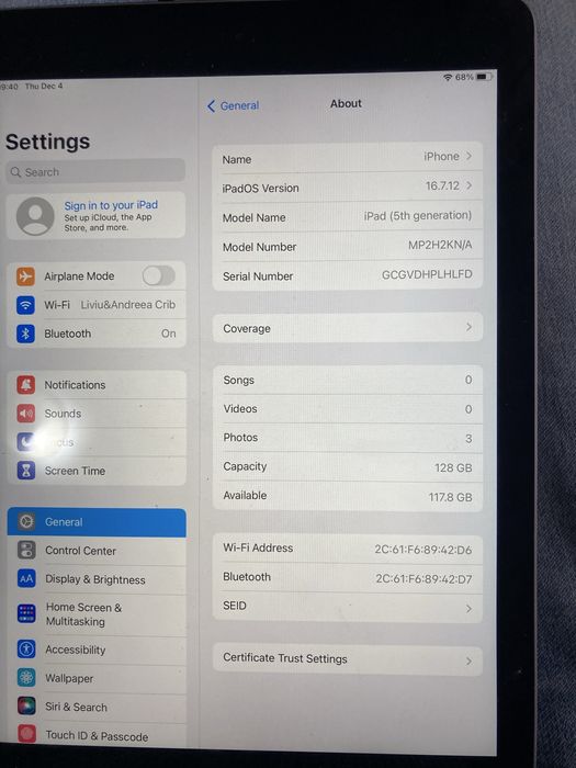 Tableta Ipad 5(generatia 5-a) 128gb