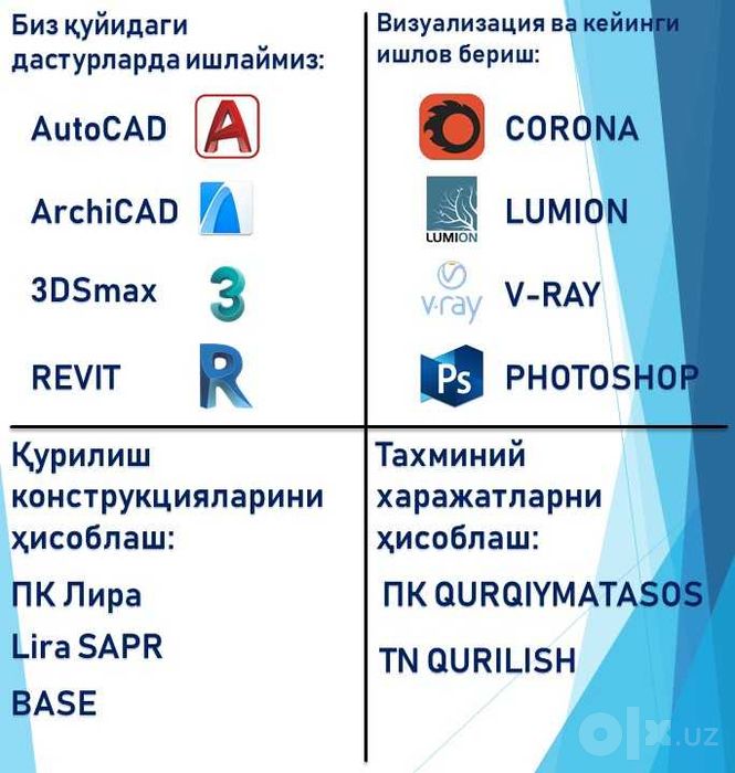 Архитектура, лойихалаштириш ва дизайн хизматлари, бепул маслахатлар