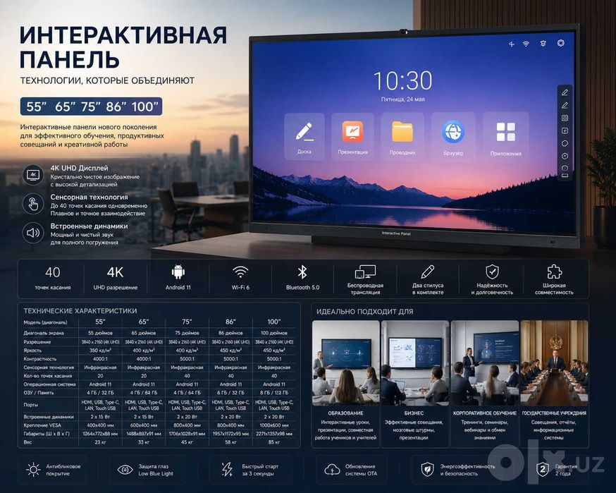 Интерактивная доска до 100 дюймов для учёбы и бизнеса, установка есть