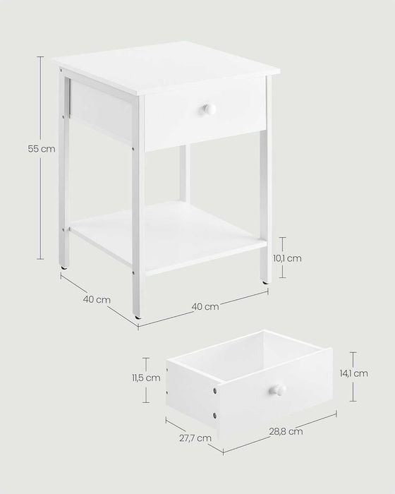 Noptiera alb mat cadru metalic Vasagle, 40 × 40 × 55 cm, sertar + raft