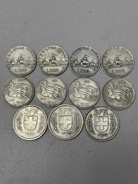 LOT 11 MONEDE ARGINT 835 - 500 Lire Italia + 5 Fr. Elvetia - 132.5g !