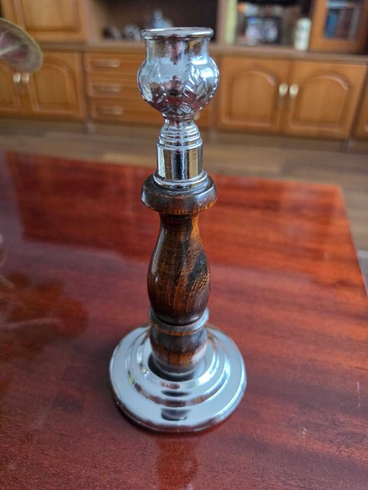 Pereche sfeșnice retro din lemn și crom, pentru lumânări groase (20 cm)