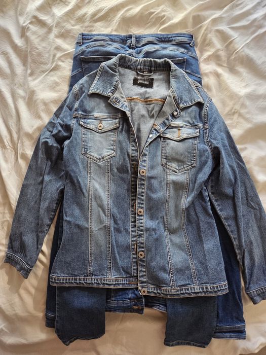 Lot 5 piese blugi damă M-L / 38-42: 2 Geci denim, Blugi, Fustă, Pantaloni scurți