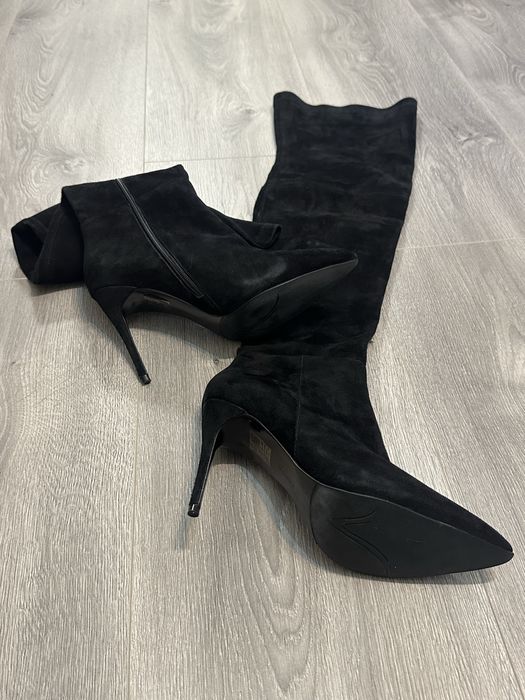 Cizme cu toc înalt, din piele întoarsǎ, negre, 37