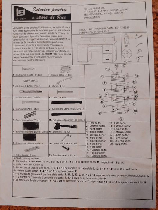 Birou 140x60 h76+19, 4 sertare, cu usa din sticla