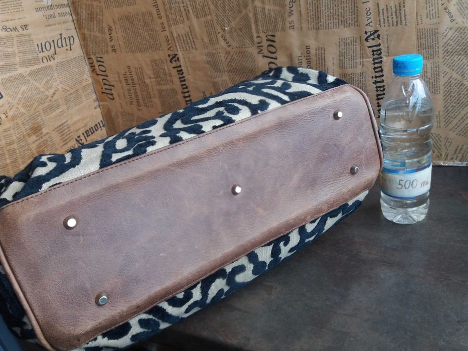 дамска чанта,голяма текстилна чанта с кожени дръжки-естествена кожа