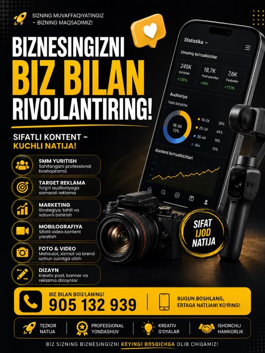Smm mobilografiya marketing xizmatlari Gijduvon