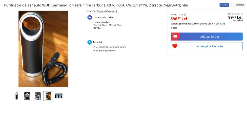 Purificator auto WDH Germany,ionizare,carbune activ,HEPA, 6W, 2.1 m³/h