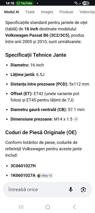 Roată de rezervă VW/ Audi/ Skoda/ Seat 5x112 mm R16