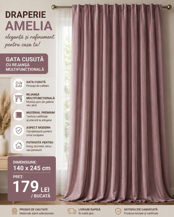 Draperii nou diverse dimensiuni si culori , gata cusute  cu rejeansa multifunctionale preturi incepand de la  169 lei