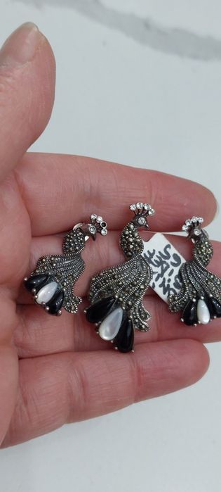 Set argint cu sidef,onix și marcasite model păun