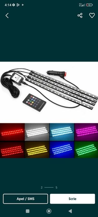 Set 4 benzi LED cu lumina ambientala auto RGB cu telecomanda calitatea