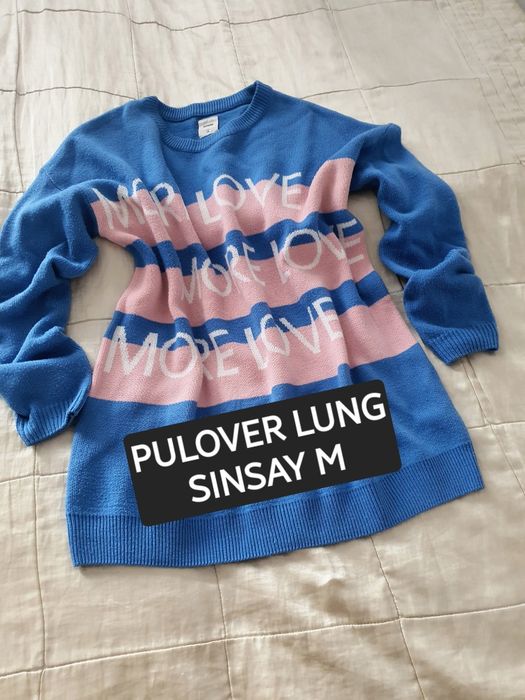 Pulover tricotat lung damă Sinsay M oversized albastru roz pudrat More Love casual