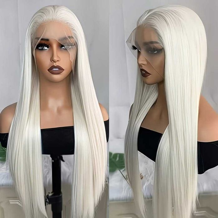 Платинено руса Lace Front перука - дълга права коса 80 см, термоустойчива, дантела 13×4