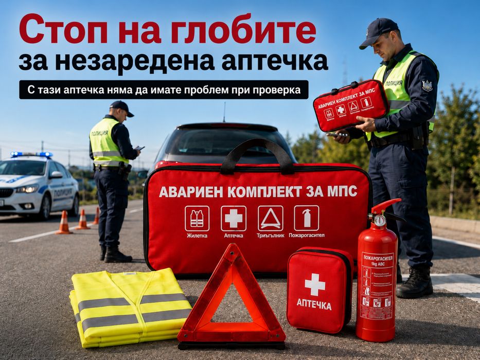 Авариен комплект за МПС – ! ПЪЛЕН КОМПЛЕКТ ! с аптечка, триъгълник,жилетка и пожарогасител