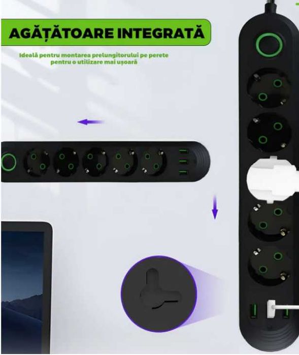 Prelungitor cu 5 Prize Schuko si 3 Porturi USB