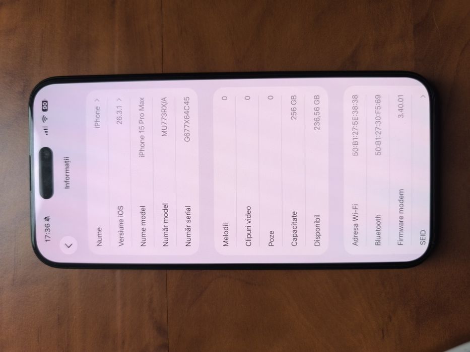 iPhone 15 Pro Max, 256GB, Black Titanium - Ca NOU, Baterie 100%!