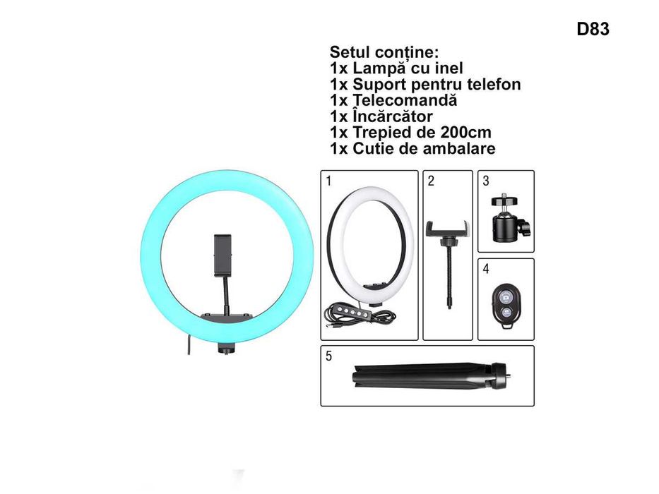 Ring Light LED 10" Foto Lampa Circulara Trepied 210cm Paletă Culori