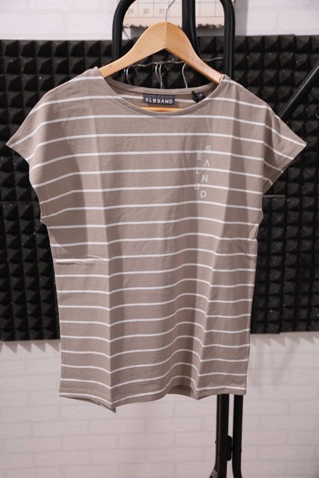 Tricou damă Elbsand Selma, dungi bej/alb, mărime XL, nou cu etichetă