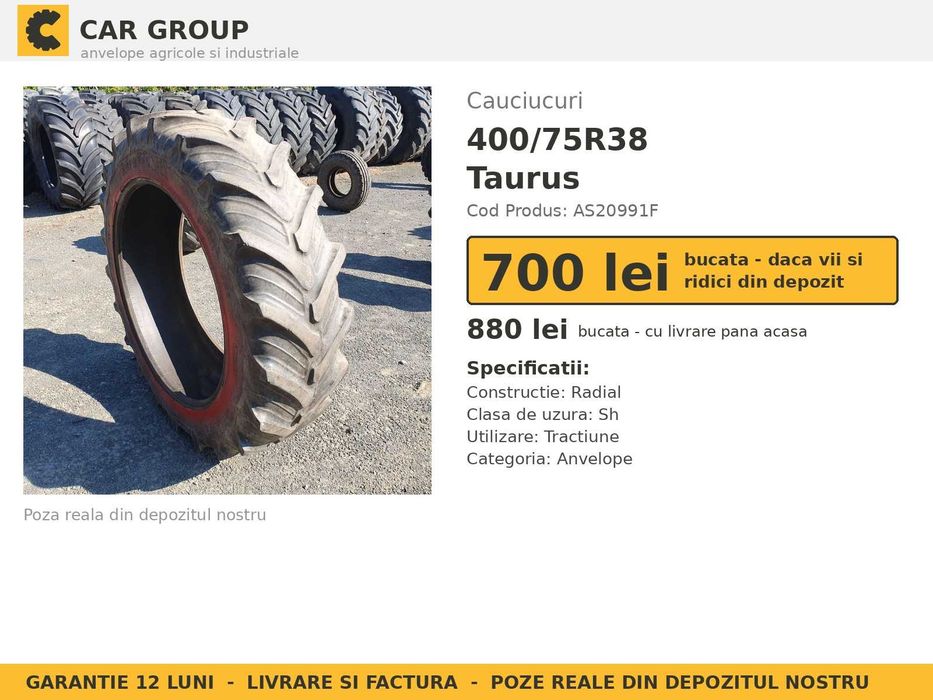 Anvelope Cauciucuri 400/75R38 400/75 R38 15.5R38 400/75-38 4007538 Taurus Tractor Punte Spate Tractiune SH Second Hand STOC REAL Oferta Pret Bun