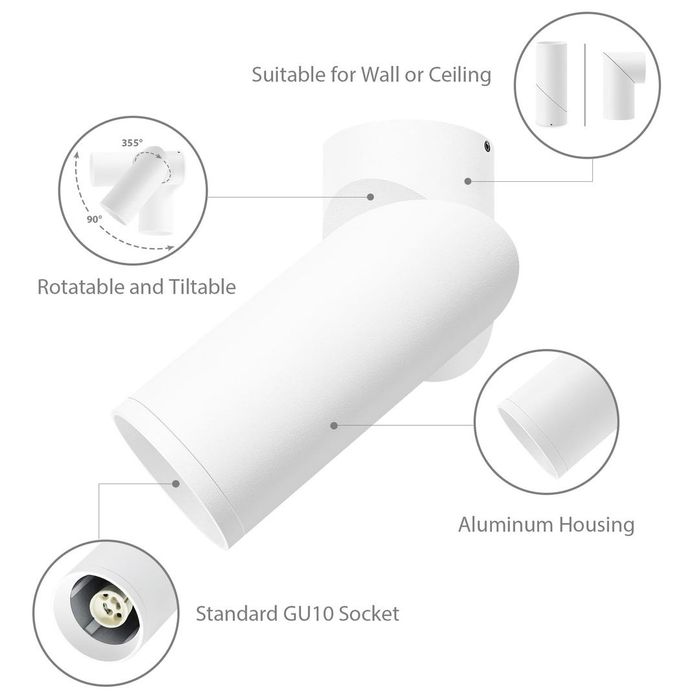 Set 2 Spoturi LED GU10 KYOTECH Orientabile Albe Aluminiu
