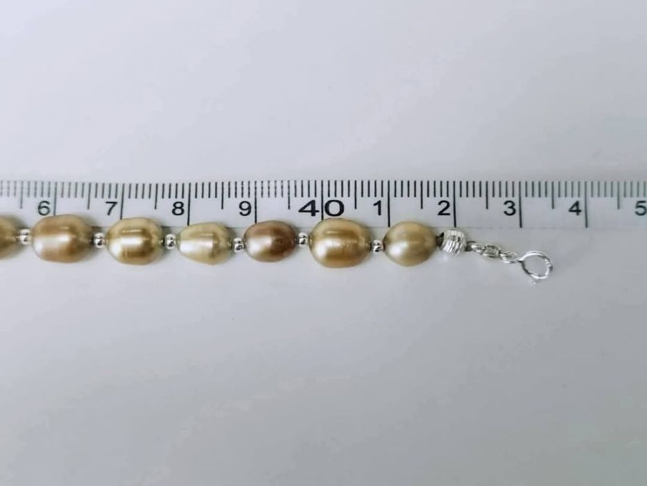 Vechi colier lant cu perle naturale de cultura baroc cu elemente si inchizatoare argint 925, in culoarea sampaniei