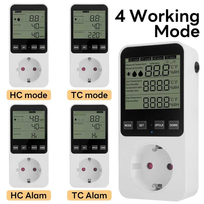 Controler digital umiditate higrostat priza cu senzor alarmă – 230V