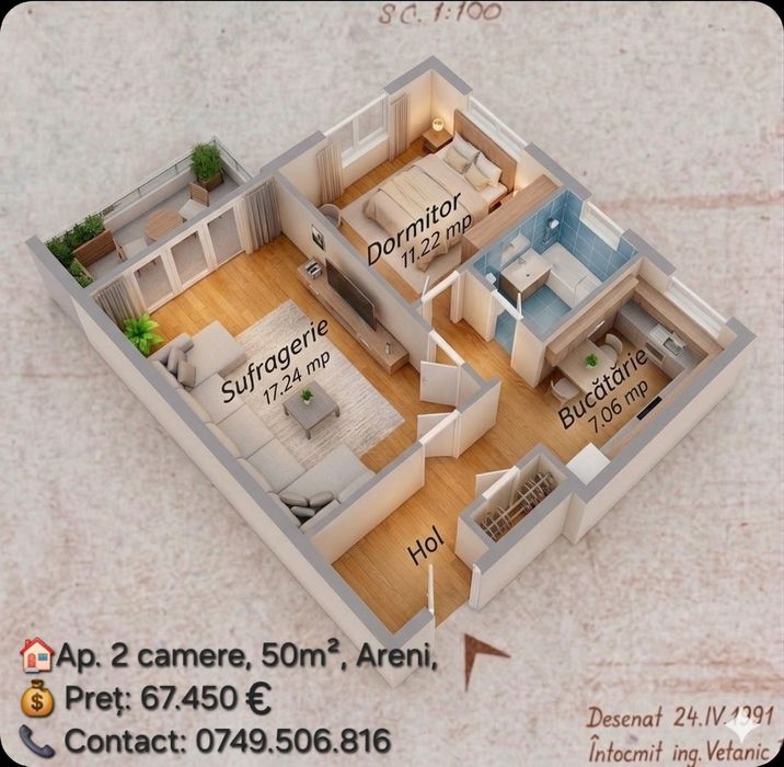 AP. 2 camere, 50m², Areni