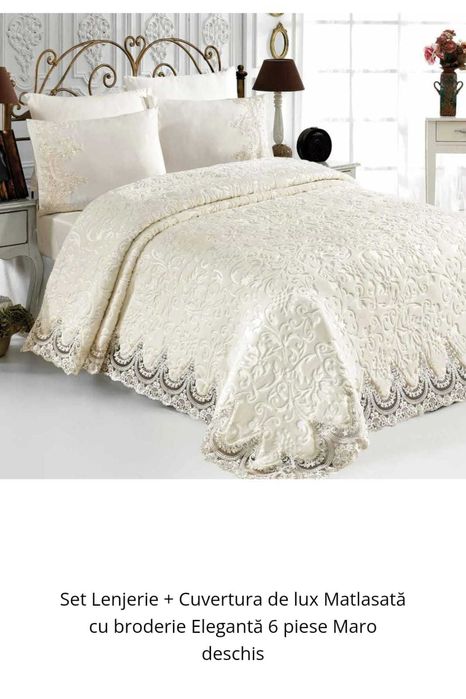 Set Lenjerie + Cuvertura de lux Matlasată cu broderie Elegantă 6 pcs