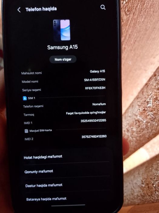 Samsung A15 xotirasi 128/6 telefon ideal xolatda