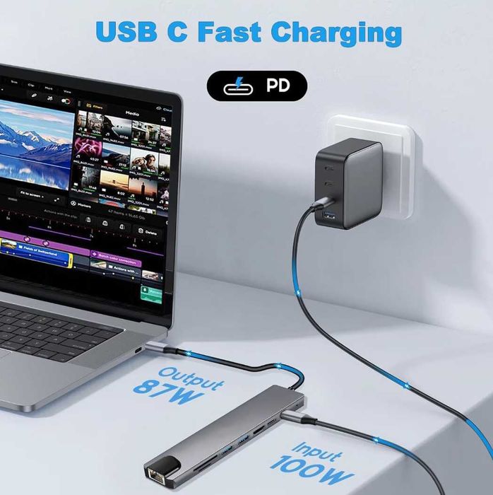 8 в 1 USB C хъб адаптер, със слот за SD/TF карта, HDMI 4K, USB 3.0/2.0