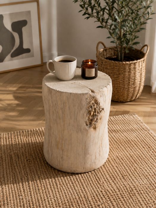 Masă laterală tip buturugă HOMPUS MGO măsuță cafea interior exterior aspect lemn natural