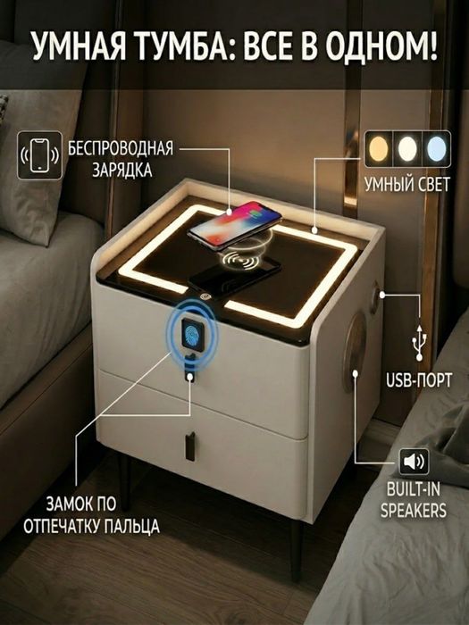 Многофункциональная умная прикроватная тумба оснащена беспроводной зар