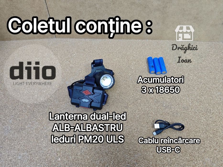 Lanterna frontala DUAL-LED alb-albastru LASER PM20 pescuit feeder noap