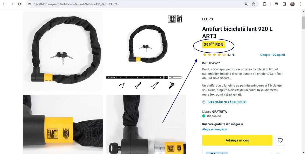 Antifurt bicicletă ELOPS lanț 920 L ART3,(Super Ofertă).