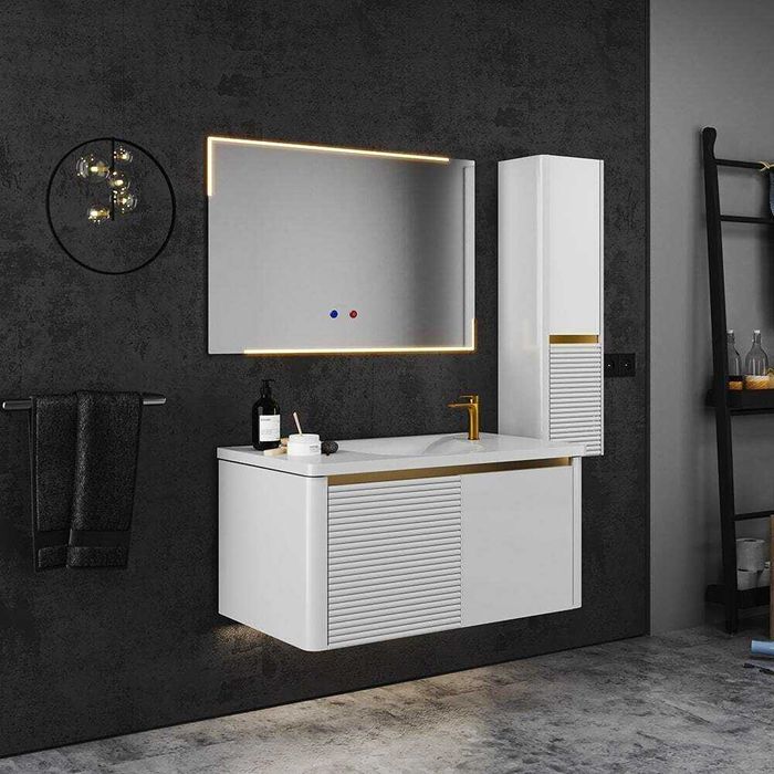 PVC комплект мебели за баня AURA WHITE 90 - мивка, огледало и колона