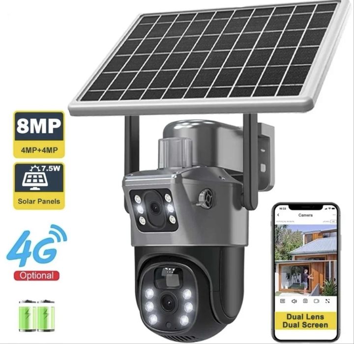 Camera de supraveghere cu panou solar 4G 8MP senzor de miscare lentile duble HD