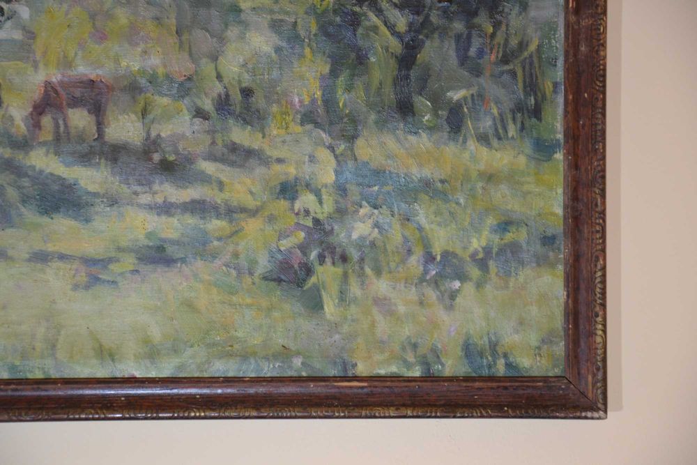 Tablou vechi pictură ulei – Peisaj impresionist cu vaci – 55x74 cm