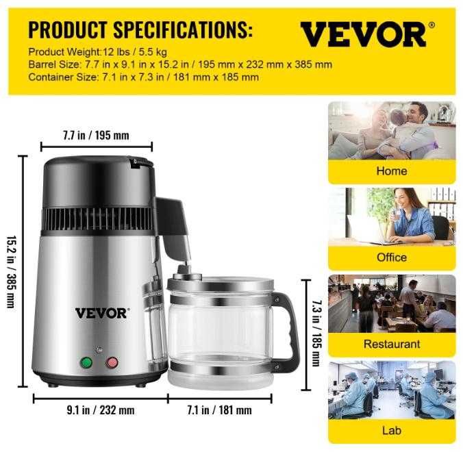 VEVOR™ 4л ИНОКС Дестилатор за Вода Дестилация на Вода Дестилирана Вода