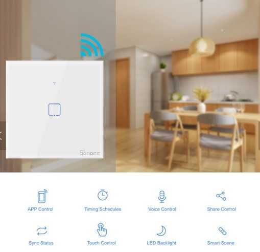 Sonoff T0EU1C единичен ключ за осветление с WiFi/сензорно управление
