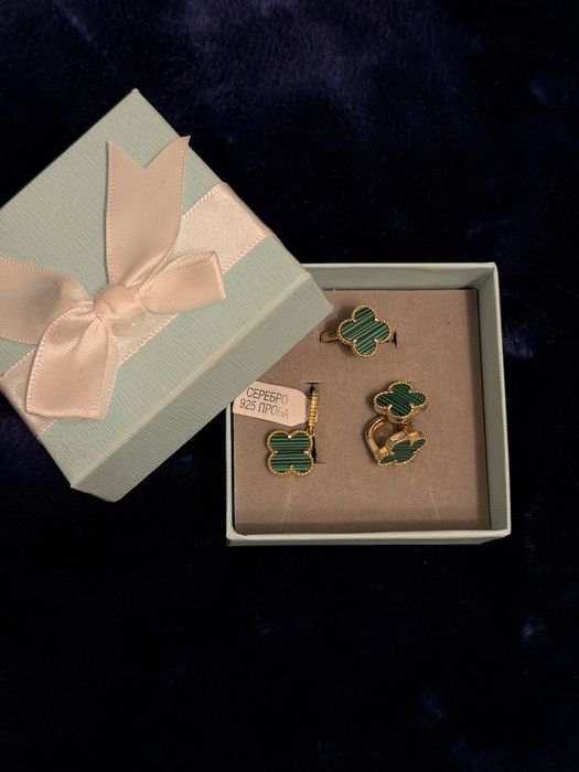 Серебряный комплект 925 пробы — кольцо, серьги, кулон Van Cleef