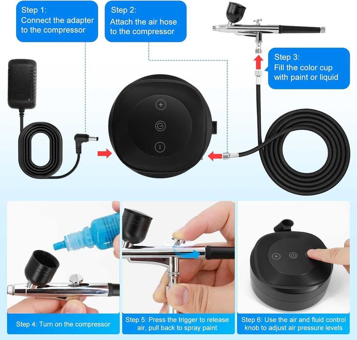 Set aerograf 50 PSI cu compresor pentru decorarea torturilor, machiaj, modelism | Set aerograf multifuncțional cu acțiune dublă cu duze