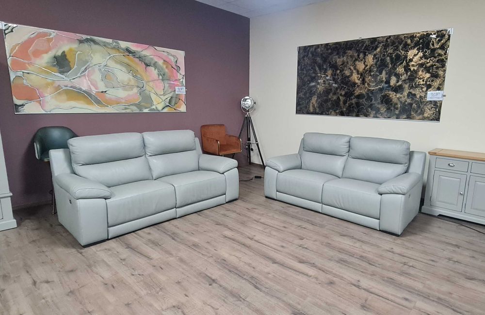 Италиански сив кожен комплект дивани две тройки с ел. релакс механизъм