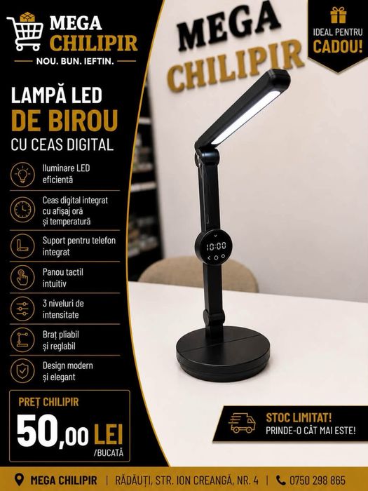 Lampa LED de birou cu ceas digital, doar 50 lei! Iluminare moderna si functii inteligente